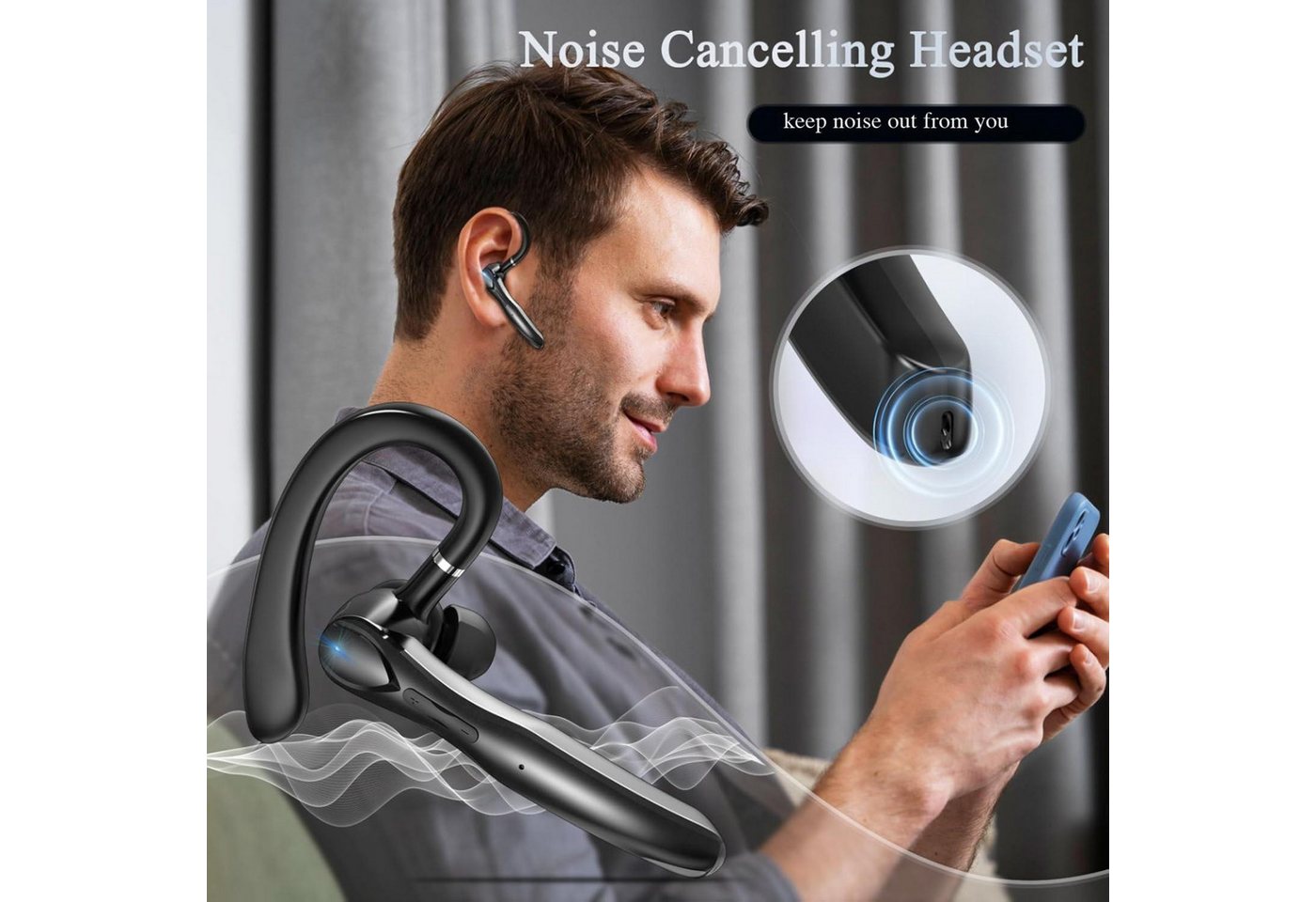 Fyrove Bluetooth Freisprech Headset In Ear mit Mikrofon, Kabellose Kopfhörer Headset (mit Dual Mikrofon,Geräuschreduzierung,für Büro,Autofahren und Business) – Bild 3 von 5
