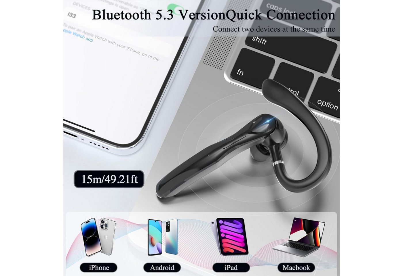 Fyrove Bluetooth Freisprech Headset In Ear mit Mikrofon, Kabellose Kopfhörer Headset (mit Dual Mikrofon,Geräuschreduzierung,für Büro,Autofahren und Business) – Bild 4 von 5