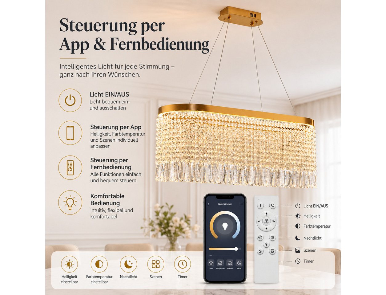 Fyrove Deckenleuchte Kristall Pendelleuchte, dimmbare Hängelampe 80cm, App & Fernbedienung, LED fest integriert, 70W, 3000K-5700K – Bild 4 von 5