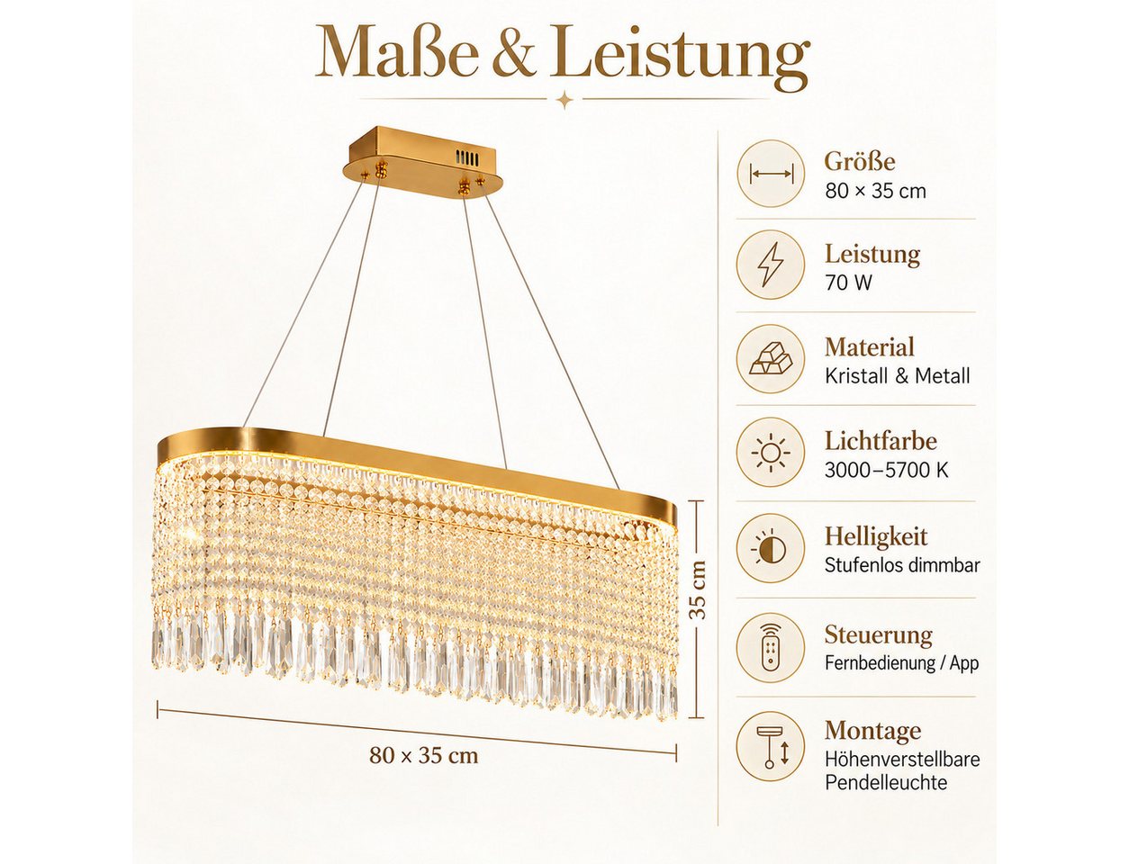 Fyrove Deckenleuchte Kristall Pendelleuchte, dimmbare Hängelampe 80cm, App & Fernbedienung, LED fest integriert, 70W, 3000K-5700K – Bild 5 von 5
