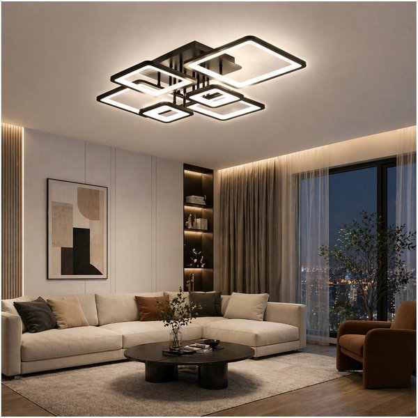 Fyrove Deckenleuchten LED Deckenlampe 6 Rahmen,Dimmbar mit Fernbedienung für Wohnzimmer, LED fest integriert, 102W 3000-6500k, Mit Speicherfunktion Timer-Funkti