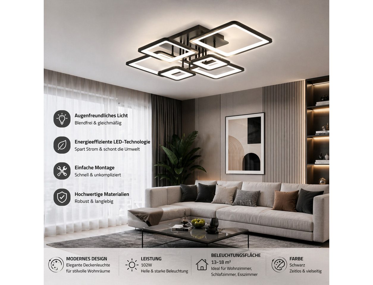 Fyrove Deckenleuchten LED Deckenlampe 6 Rahmen,Dimmbar mit Fernbedienung für Wohnzimmer, LED fest integriert, 102W 3000-6500k, Mit Speicherfunktion Timer-Funkti – Bild 5 von 5