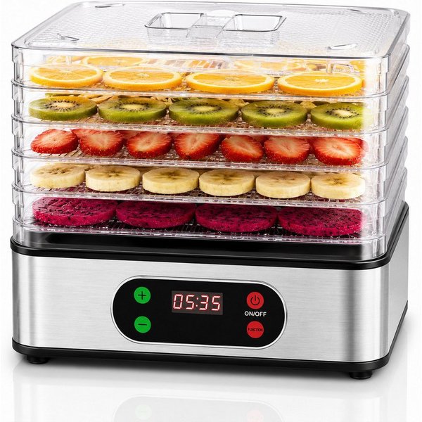 Fyrove Dörrautomat Dörrgerät Edelstahl mit Temperaturregler, 5 Etagen, 35-70°C BPA-frei 350 W, 5 Etagen, 72h-Timer, für Lebensmittel, Pilze, Früchte, Fleisch, G