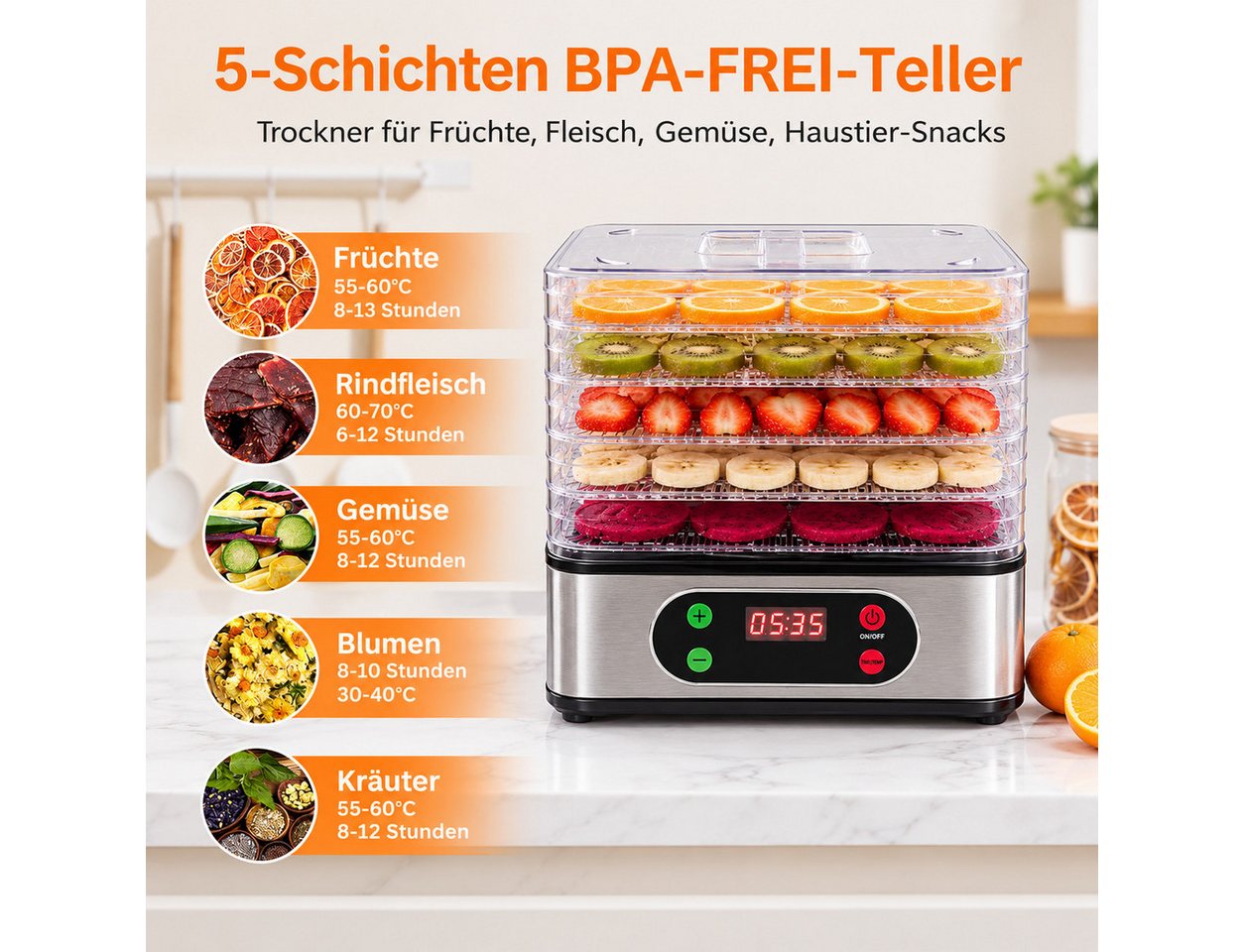 Fyrove Dörrautomat Dörrgerät Edelstahl mit Temperaturregler, 5 Etagen, 35-70°C BPA-frei 350 W, 5 Etagen, 72h-Timer, für Lebensmittel, Pilze, Früchte, Fleisch, G – Bild 2 von 5