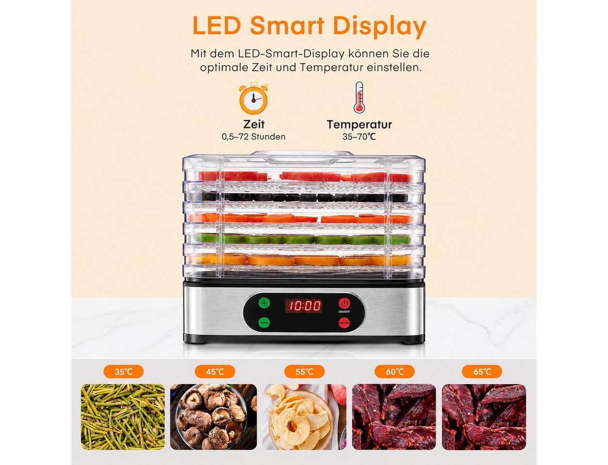 Fyrove Dörrautomat Dörrgerät Edelstahl mit Temperaturregler, 5 Etagen, 35-70°C BPA-frei 350 W, 5 Etagen, 72h-Timer, für Lebensmittel, Pilze, Früchte, Fleisch, G – Bild 4 von 5