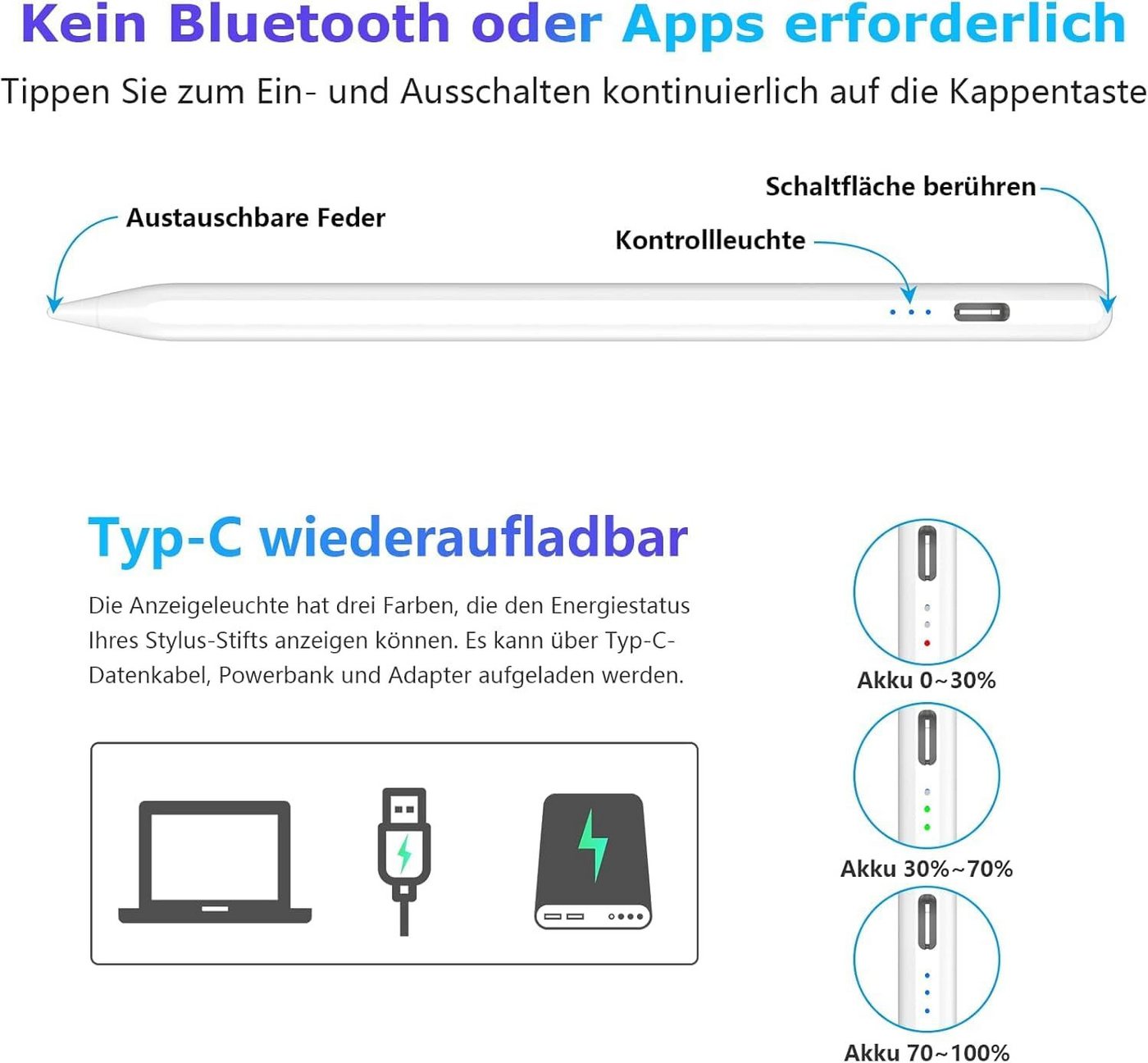 Fyrove Eingabestift Stylus Pen für Touchscreen, Android, Aktiver Universal Stylus Stift (Tabletstift Stylus Pencil USB-C Schnellladen Palm Rejection) mit Neigun – Bild 4 von 5