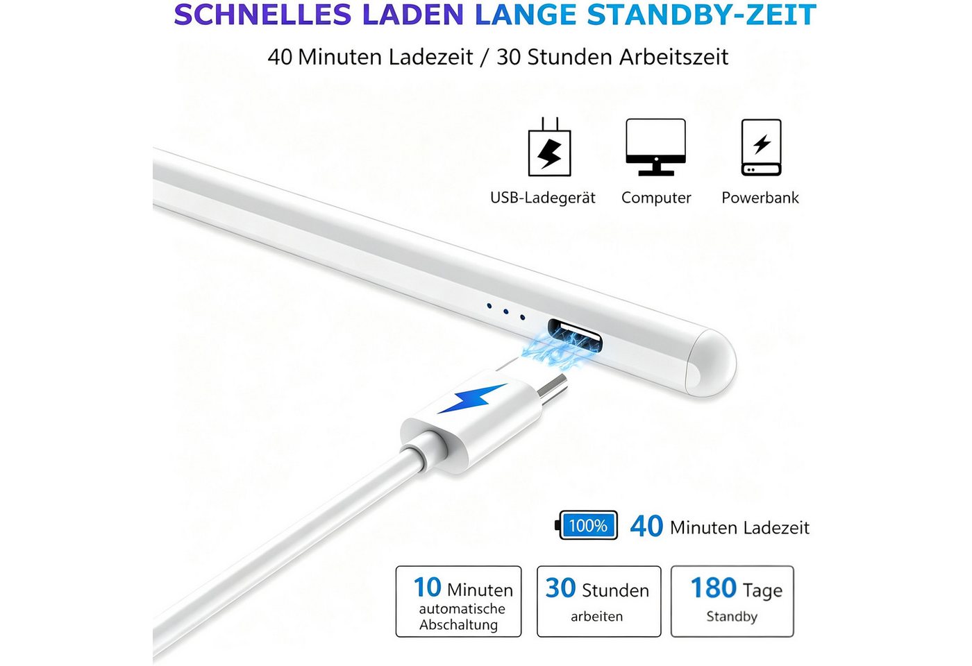 Fyrove Eingabestift Stylus Pen für Touchscreen, Android, Aktiver Universal Stylus Stift (Tabletstift Stylus Pencil USB-C Schnellladen Palm Rejection) mit Neigun – Bild 5 von 5
