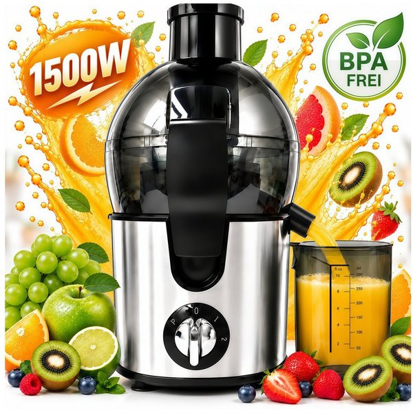 Fyrove Entsafter Slow Juicer Gemüse und Obst,Entsafter aus Edelstahl,Schnelles,BPAFrei, 1500 W, Zentrifugal-Entsafter,Füllöffnung und Zwei Geschwindigkeitsstufe