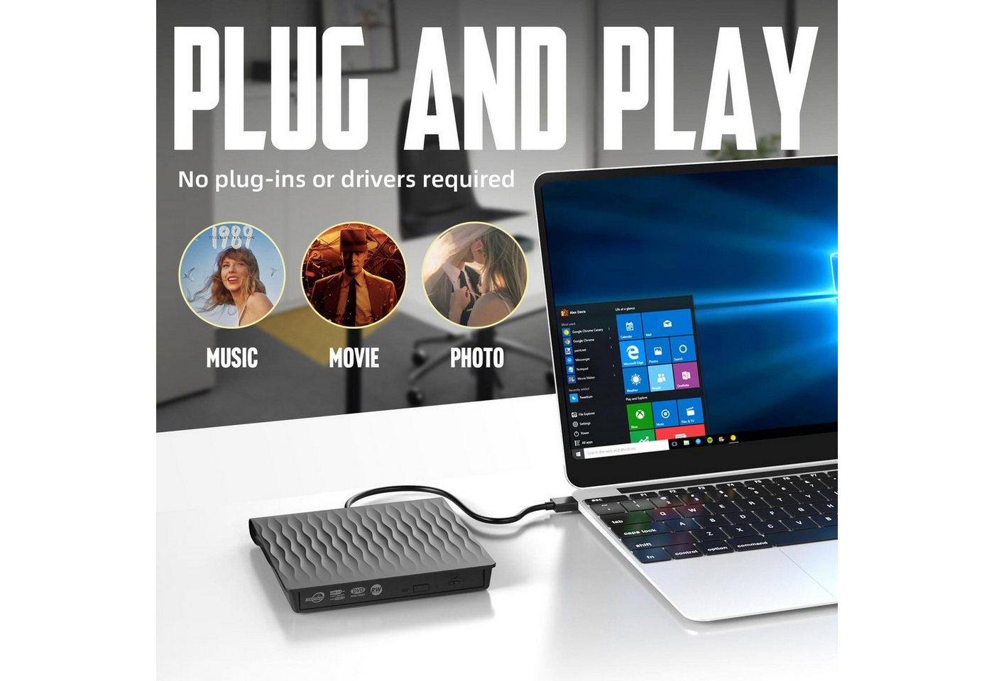 Fyrove Externes CD/DVD-Laufwerk, CD-Brenner, optisches Laufwerk, DVD-Brenner (USB-Laufwerk für Laptop, PC und Mac, USB-C, USB 3.0, Plug & Play, 24× CD, 8× DVD,  – Bild 2 von 5