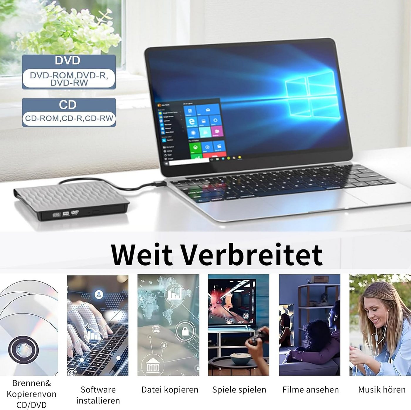Fyrove Externes CD/DVD-Laufwerk, CD-Brenner, optisches Laufwerk, DVD-Brenner (USB-Laufwerk für Laptop, PC und Mac, USB-C, USB 3.0, Plug & Play, 24× CD, 8× DVD,  – Bild 5 von 5
