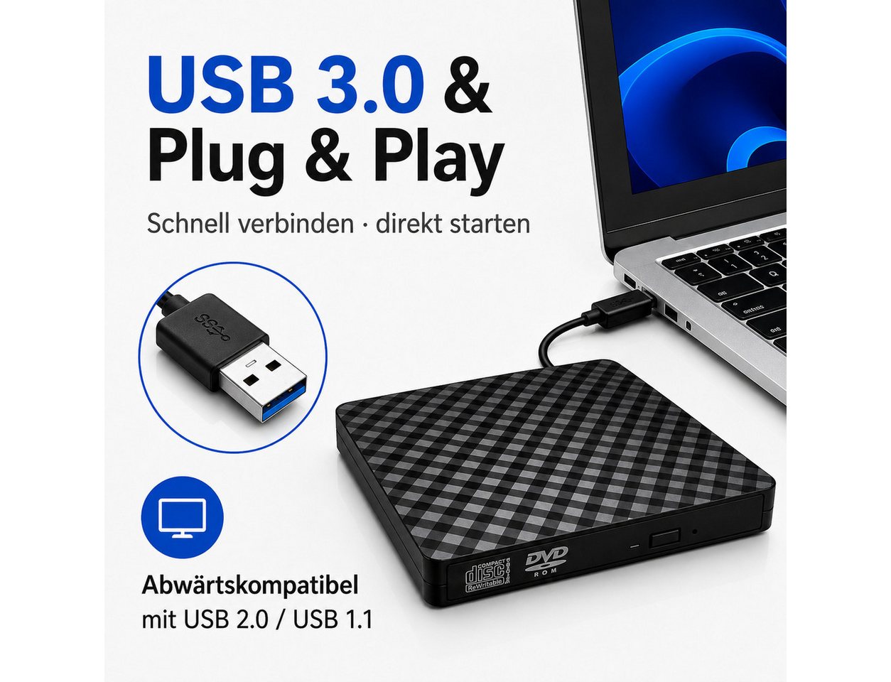 Fyrove Externes CD-Laufwerk, optisches Laufwerk für Notebook, DVD-Brenner (USB-Laufwerk für Laptop, PC und Mac, kompakt für Büro und Zuhause, 8- & 12-cm-Discs,  – Bild 2 von 5