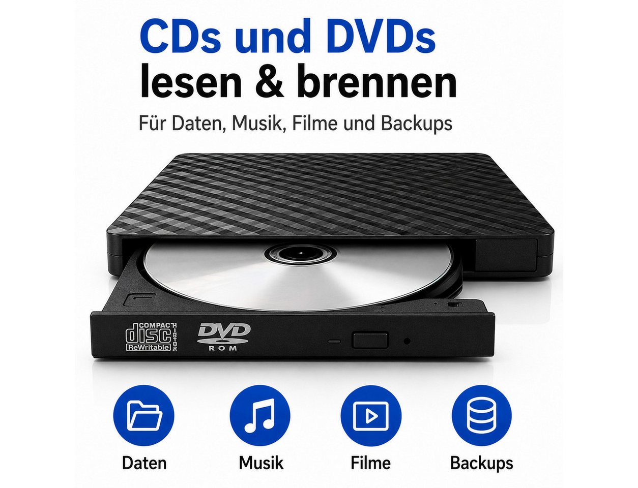 Fyrove Externes CD-Laufwerk, optisches Laufwerk für Notebook, DVD-Brenner (USB-Laufwerk für Laptop, PC und Mac, kompakt für Büro und Zuhause, 8- & 12-cm-Discs,  – Bild 3 von 5