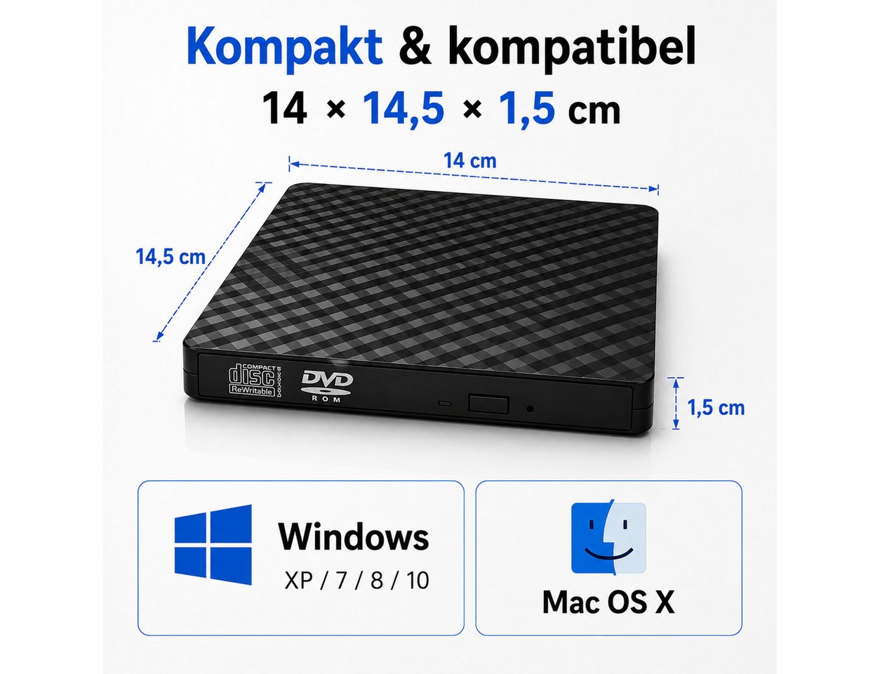 Fyrove Externes CD-Laufwerk, optisches Laufwerk für Notebook, DVD-Brenner (USB-Laufwerk für Laptop, PC und Mac, kompakt für Büro und Zuhause, 8- & 12-cm-Discs,  – Bild 4 von 5
