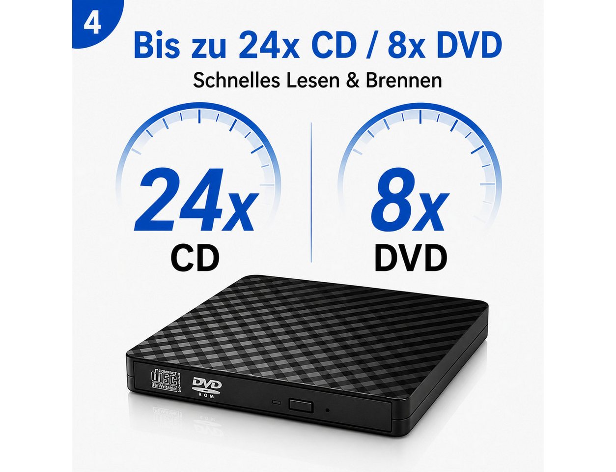 Fyrove Externes CD-Laufwerk, optisches Laufwerk für Notebook, DVD-Brenner (USB-Laufwerk für Laptop, PC und Mac, kompakt für Büro und Zuhause, 8- & 12-cm-Discs,  – Bild 5 von 5