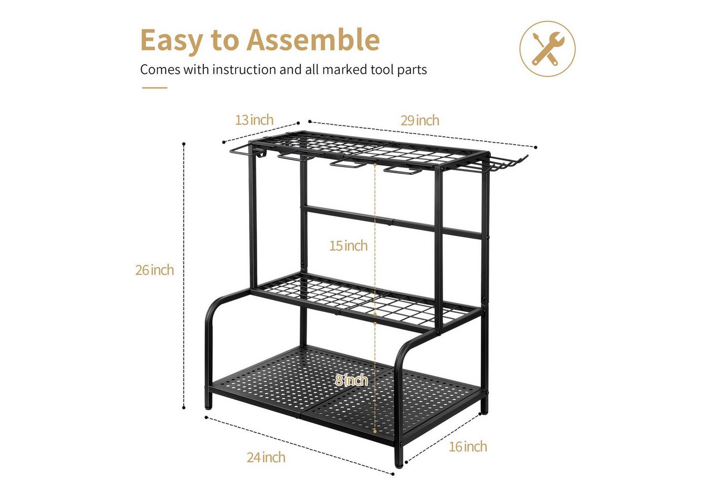 Fyrove Gartengerätehalter Werkzeughalter, Geräteorganizer für Garage, (Ordnungsregal für Gartenwerkzeug, Keller, Terrasse und Schuppen, 74 × 41 × 66 cm, 3 Ebene – Bild 2 von 5