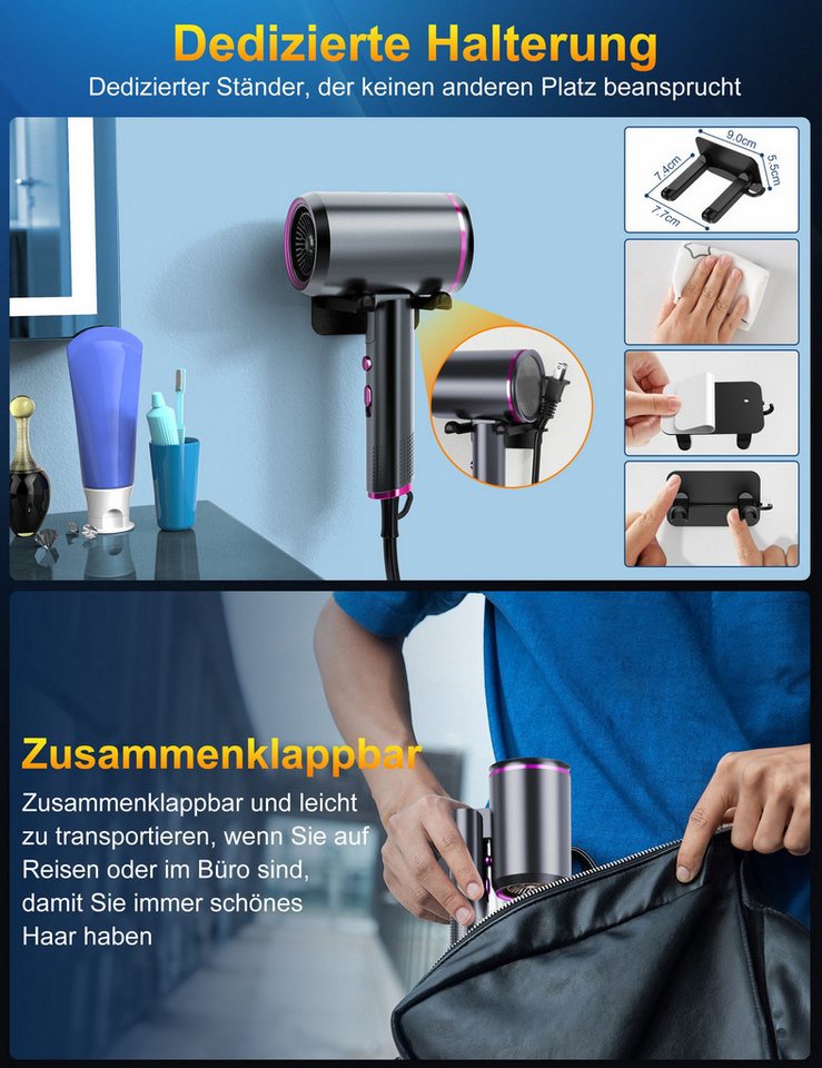 Fyrove Ionic-Haartrockner Föhn,Ionen-Haartrockner 2500W, klappbar, 3 Stylingdüsen, 2400 W, 2 Gebläsestufen, Reise-Föhn, Reiseföhn Hairdryer – Bild 4 von 5
