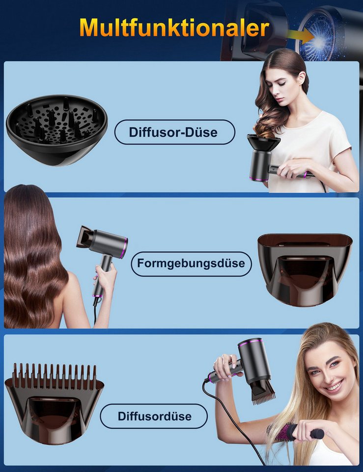Fyrove Ionic-Haartrockner Föhn,Ionen-Haartrockner 2500W, klappbar, 3 Stylingdüsen, 2400 W, 2 Gebläsestufen, Reise-Föhn, Reiseföhn Hairdryer – Bild 5 von 5