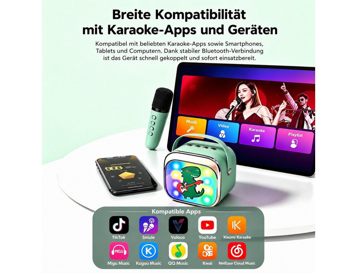Fyrove Kinder Karaoke Lautsprecher mit 2 Mikrofonen, Bluetooth 5.3 & LED Lautsprecher Kabelloses Karaoke-Set mit DSP-Klang (5 Stimmeffekten, LED-Lichtshow und 1 – Bild 3 von 5