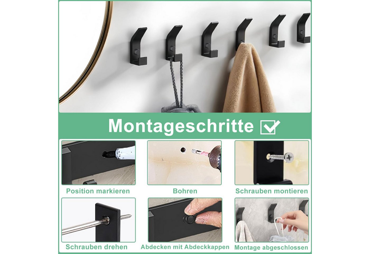 Fyrove Kleiderhaken, Garderobenhaken, Kleiderhaken zum Schrauben, Wandgarderobe, (Haken für Akustikpaneele, Schlafzimmer, Wohnzimmer, Badezimmer, (6-St), Wandha – Bild 3 von 5