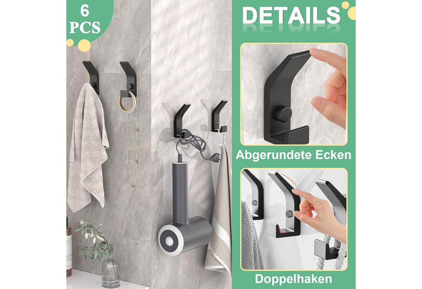 Fyrove Kleiderhaken, Garderobenhaken, Kleiderhaken zum Schrauben, Wandgarderobe, (Haken für Akustikpaneele, Schlafzimmer, Wohnzimmer, Badezimmer, (6-St), Wandha – Bild 5 von 5