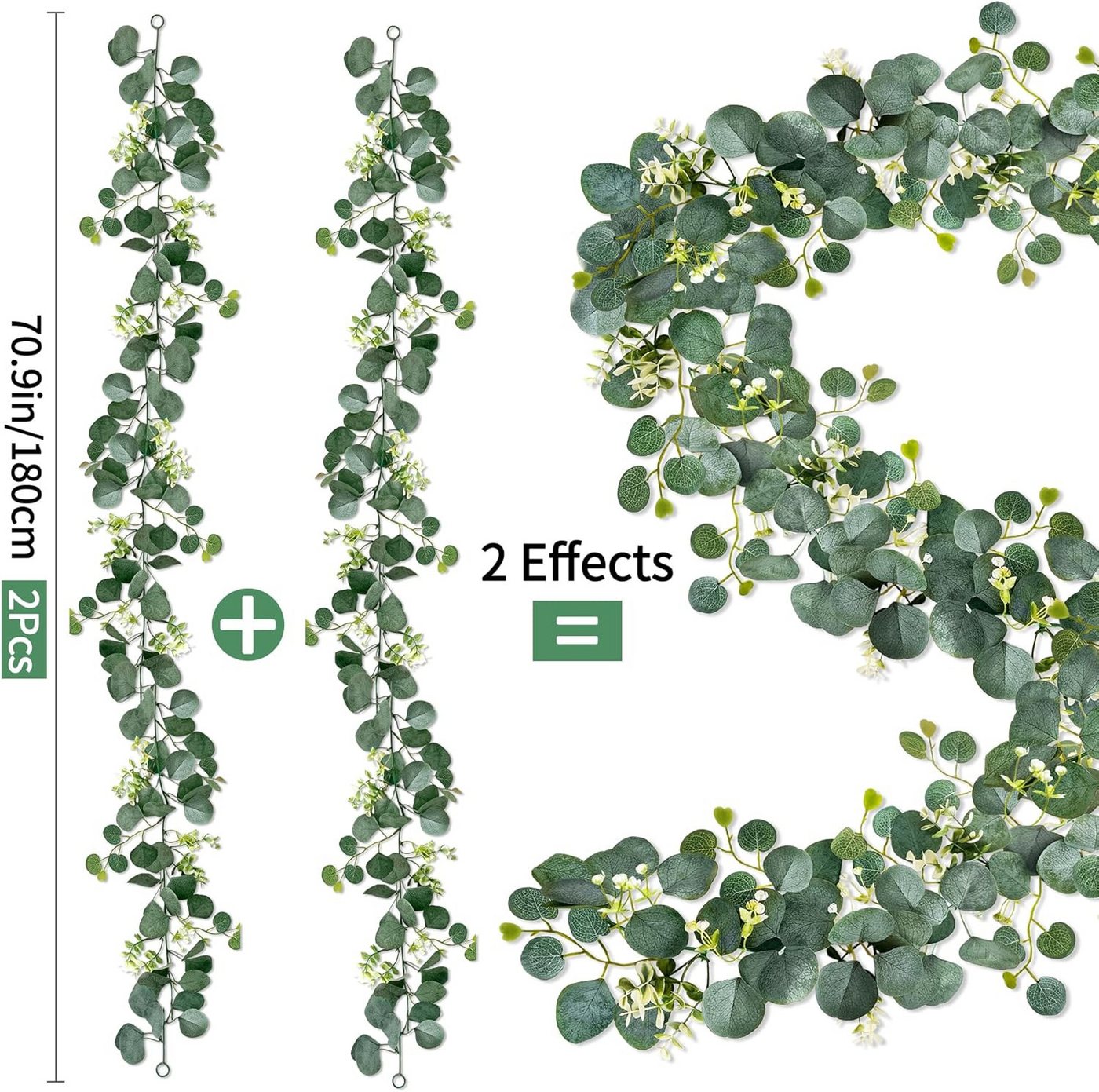 Kunstranke 2 Stück Eukalyptus Girlande, Künstliche Girlande Pflanze 1,8m Hängend, Fyrove, mit Weiße Blumen Silberdollar Eukalyptusranke für Hintergrund Hochzeit – Bild 3 von 5