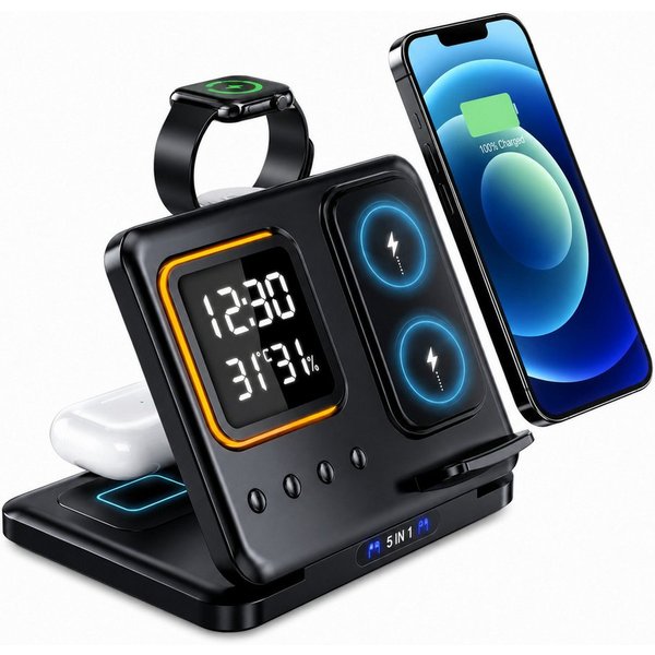 Fyrove Ladegerät,5-in-1 Wireless Charger 15W,induktive Ladestation für iPhone Ladestation (Apple Watch & AirPods, Digitalwecker, LED-Nachtlicht, Temperatur & Lu