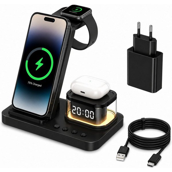 Fyrove Ladegeräte, 5-in-1 Wireless Charger 15W, faltbare induktive Ladestation (für iPhone, Apple Watch & AirPods, LED-Uhr, Nachtlicht, USB-C, inkl. 20W Netztei