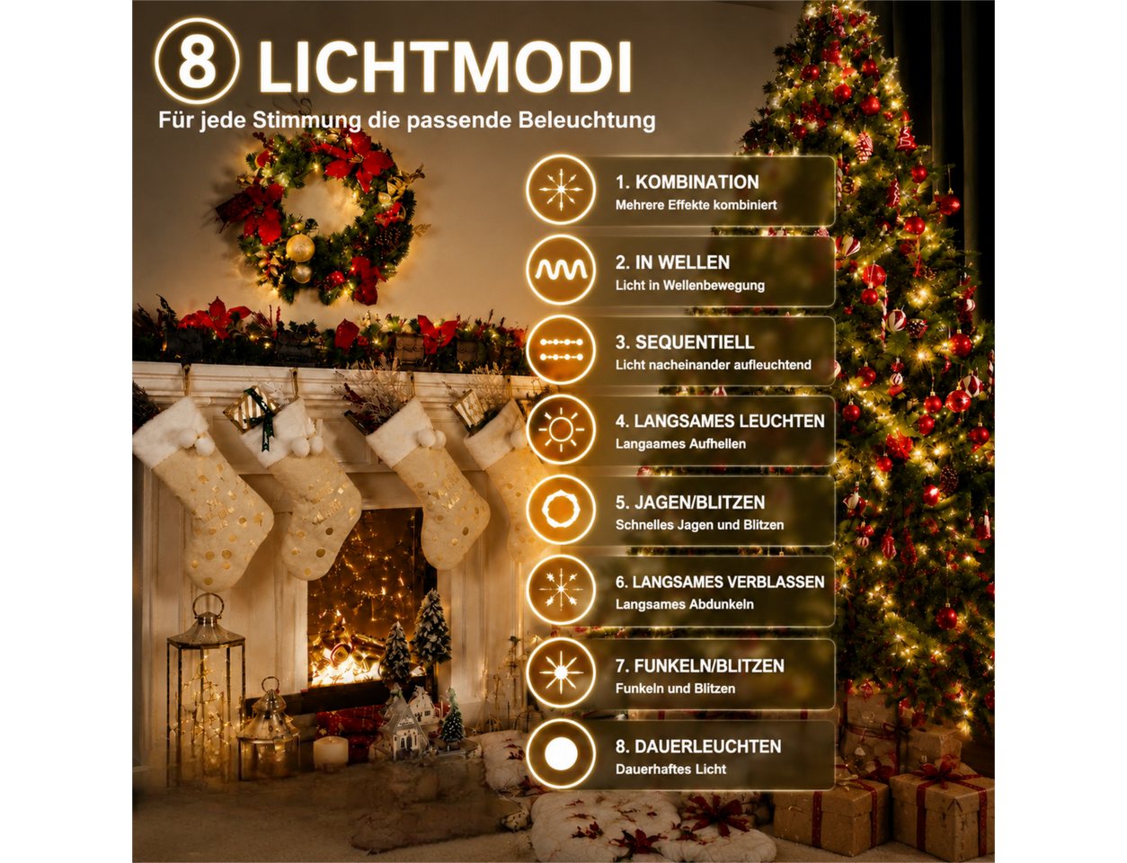 Fyrove LED-Lichterkette Außen 12m mit Stecker und Fernbedienung, 100 LEDs Warmweiß, 8 Lichtmodi, Gartenbeleuchtung für Terrasse, Party und Dekoration – Bild 3 von 5
