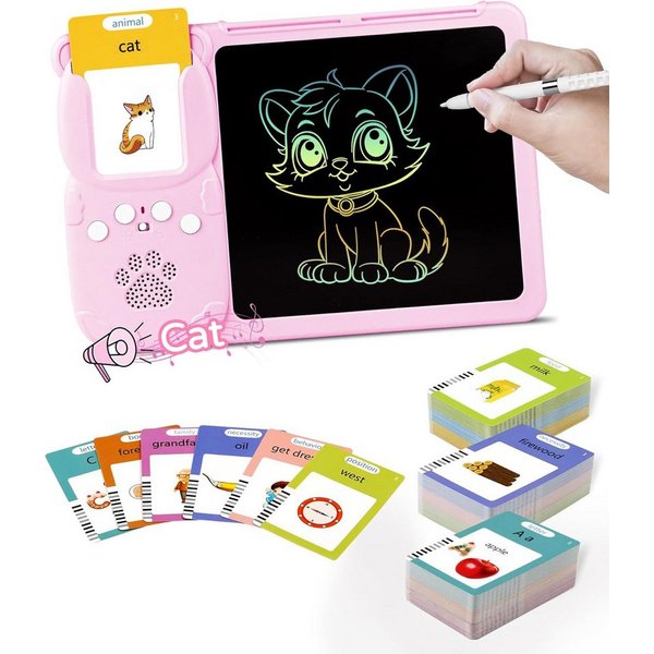 Fyrove Lernspielzeug Lernkarten-Set, Sprachtrainer für Kinder ab 2 Jahren (Schreibtafel, Vorschulspielzeug für Deutsch, Englisch und Wortschatz), 510 Wörter, 19