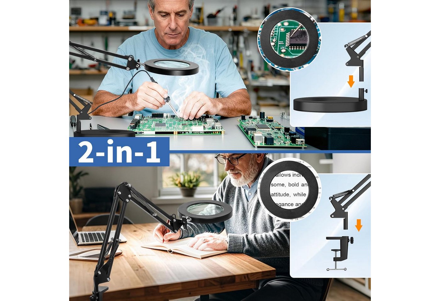 Fyrove Lupenlampe Leselupe, Arbeitsleuchte für feine Detailarbeiten, Klemmleuchte, Vergrößerungslampe für Nähen, Basteln und Elektronik, 10-fach, 4,3 Zoll Glasl – Bild 2 von 5