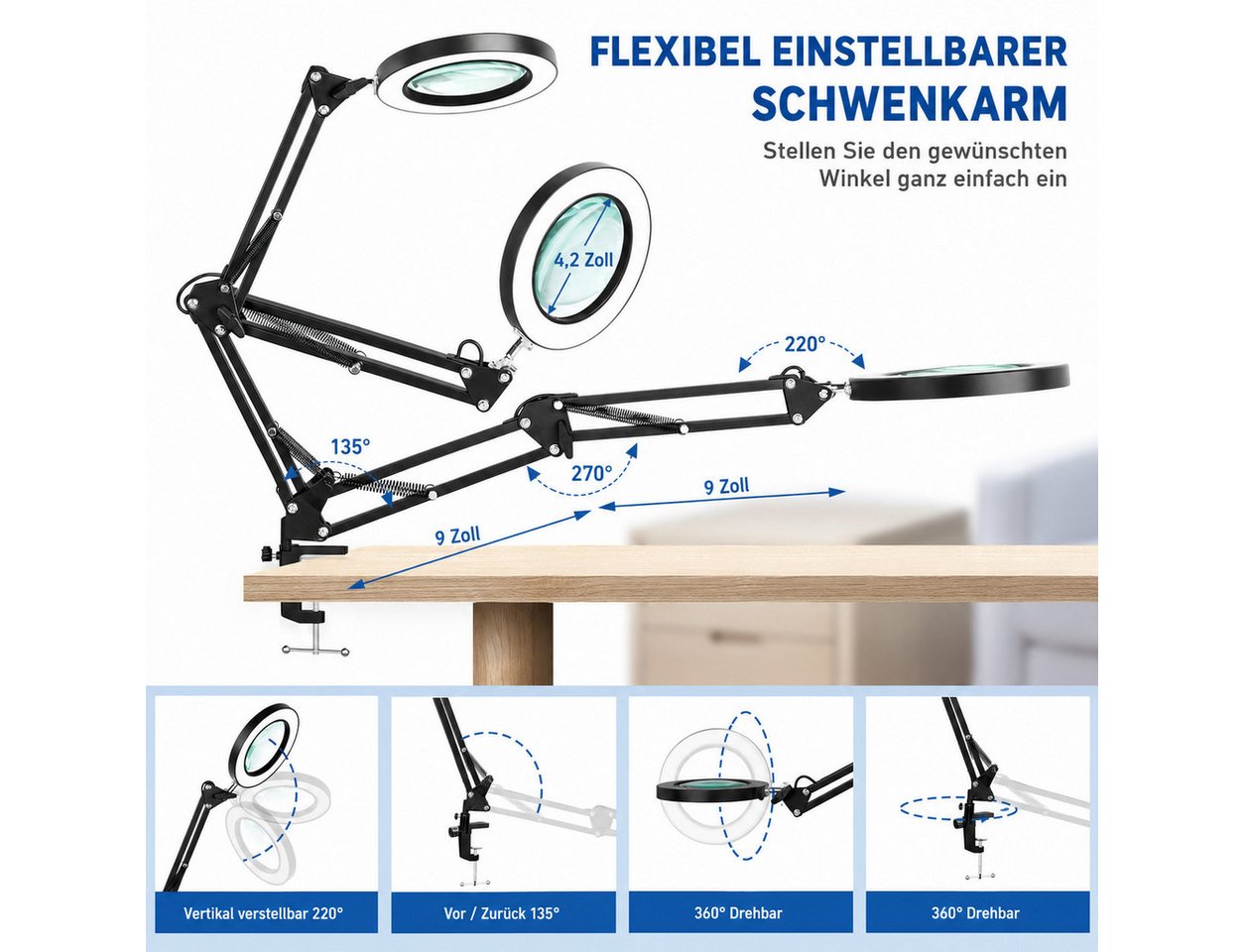 Fyrove Lupenlampe Leselupe, Arbeitsleuchte für feine Detailarbeiten, Klemmleuchte, Vergrößerungslampe für Nähen, Basteln und Elektronik, 10-fach, 4,3 Zoll Glasl – Bild 3 von 5