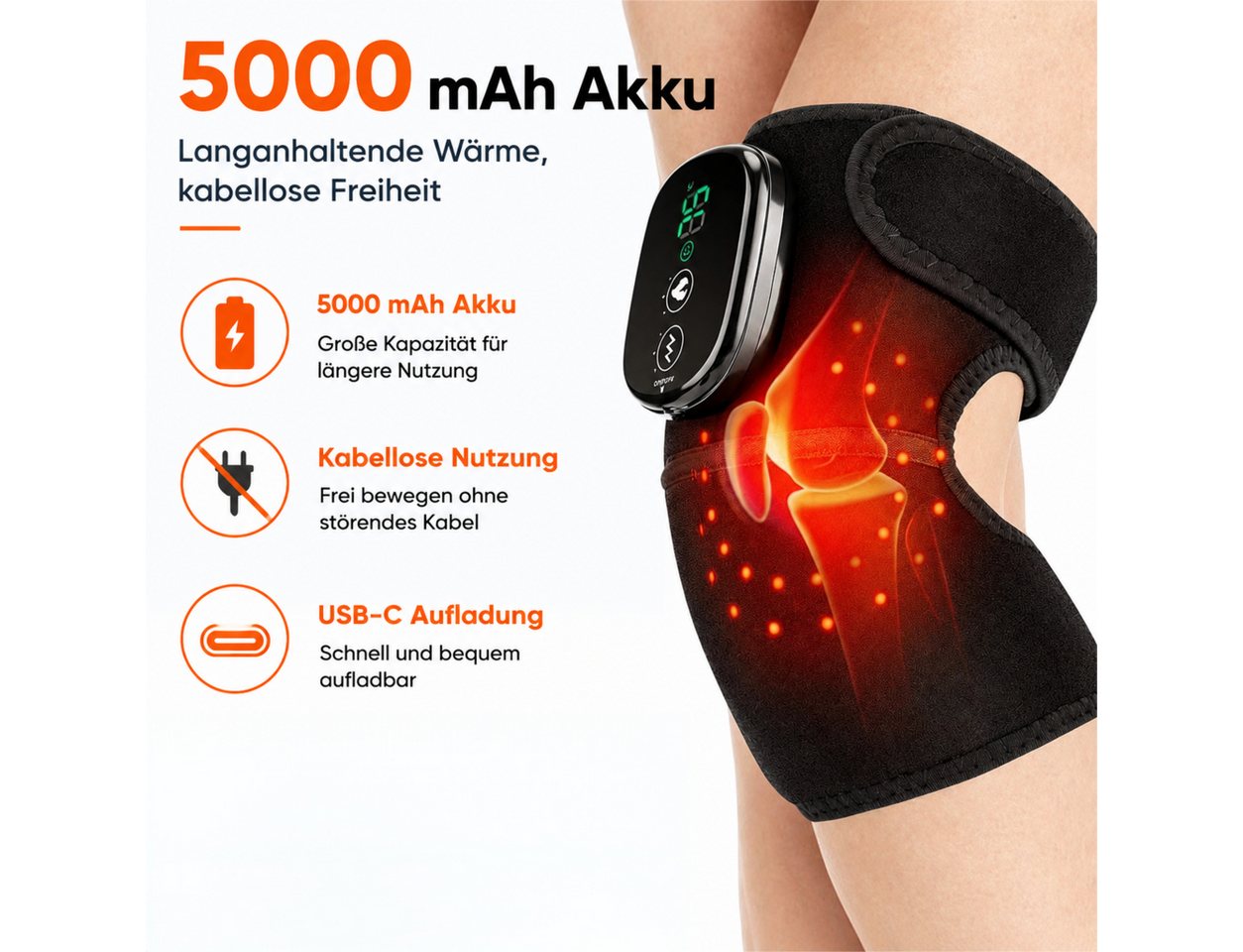 Fyrove Massagegerät Kniemassagegerät, Gelenkmassage, Massagehilfe mit Wärmefunktion, Wärmegürtel für Knie, Schulter, Ellenbogen, Oberschenkel und Wade, 5000 mAh – Bild 3 von 5