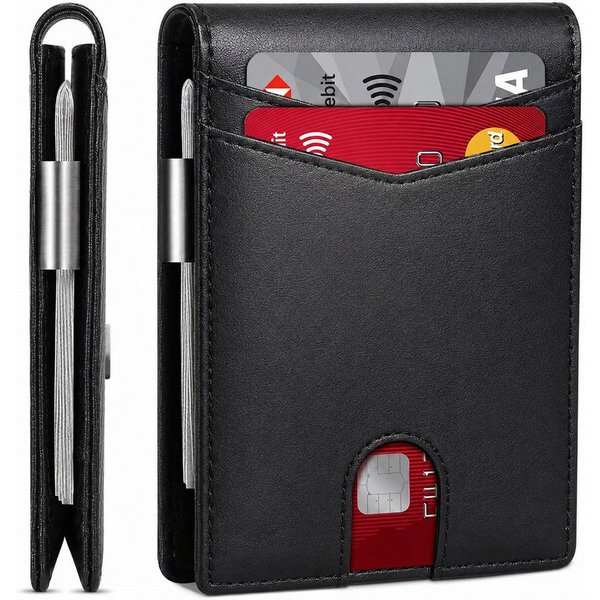 Fyrove Mini Geldbörse Geldbörse Herren Slim Wallet RFID Blocking Kohlefaserleder (Portmonee Herren mit 11 Kartenetui, Ausweisfenster, Geldscheinklammer, Minimal