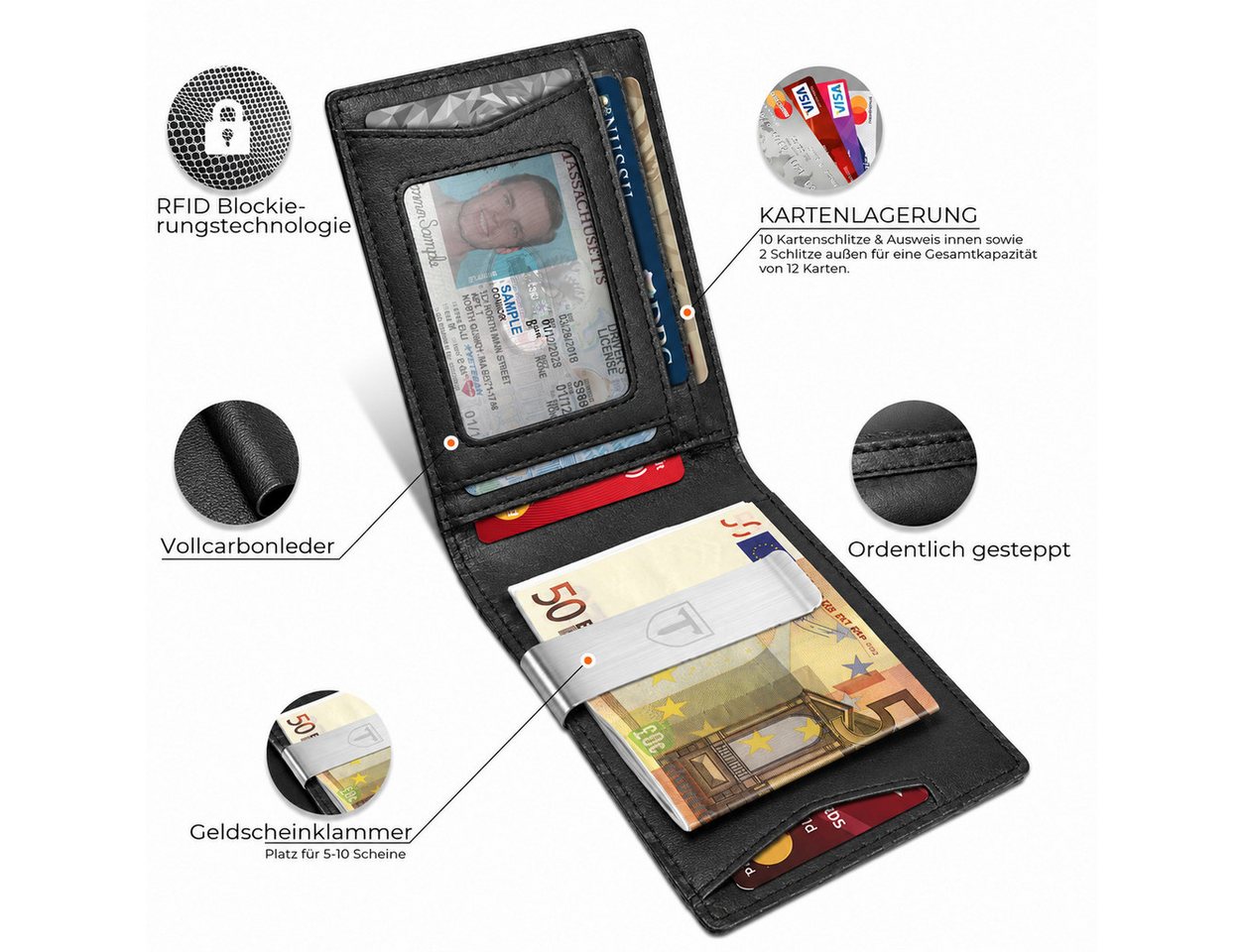 Fyrove Mini Geldbörse Geldbörse Herren Slim Wallet RFID Blocking Kohlefaserleder (Portmonee Herren mit 11 Kartenetui, Ausweisfenster, Geldscheinklammer, Minimal – Bild 2 von 5