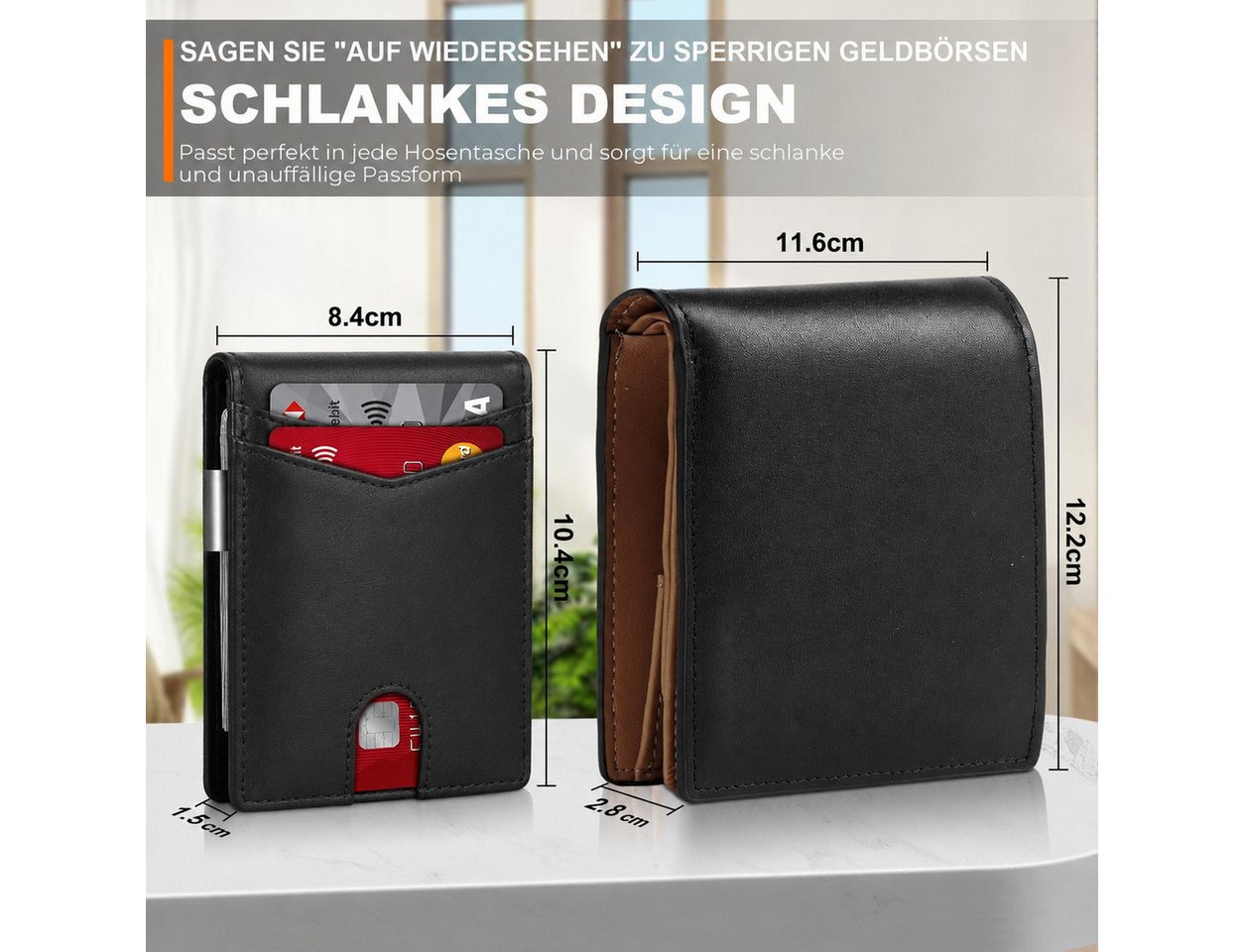 Fyrove Mini Geldbörse Geldbörse Herren Slim Wallet RFID Blocking Kohlefaserleder (Portmonee Herren mit 11 Kartenetui, Ausweisfenster, Geldscheinklammer, Minimal – Bild 4 von 5