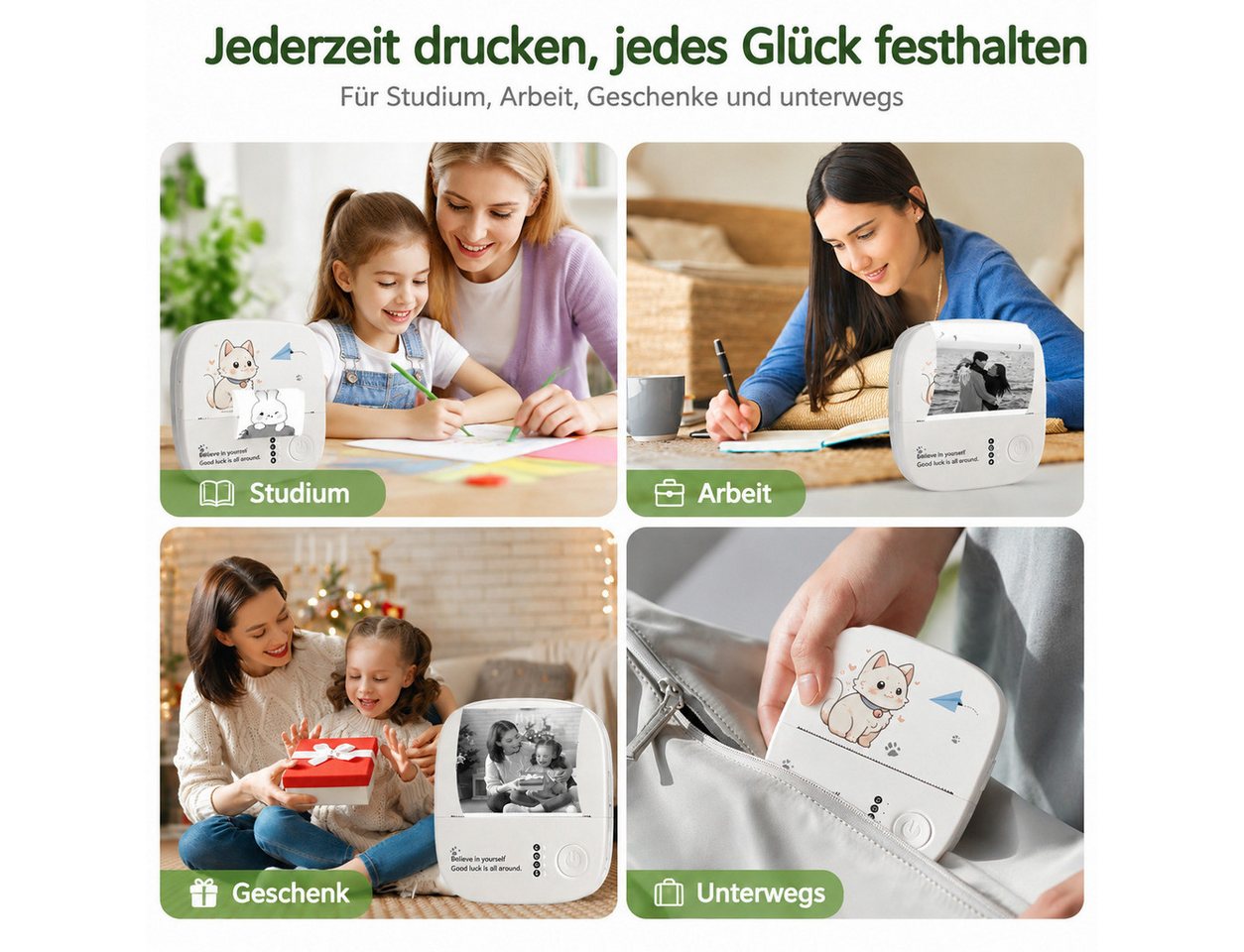 Fyrove Mini Thermodrucker mit Bluetooth fürs Smartphone Etikettendrucker, (Fotodrucker für Sticker, Notizen, Listen und Lernmaterial, 14 Papierrollen, App-Vorla – Bild 2 von 5