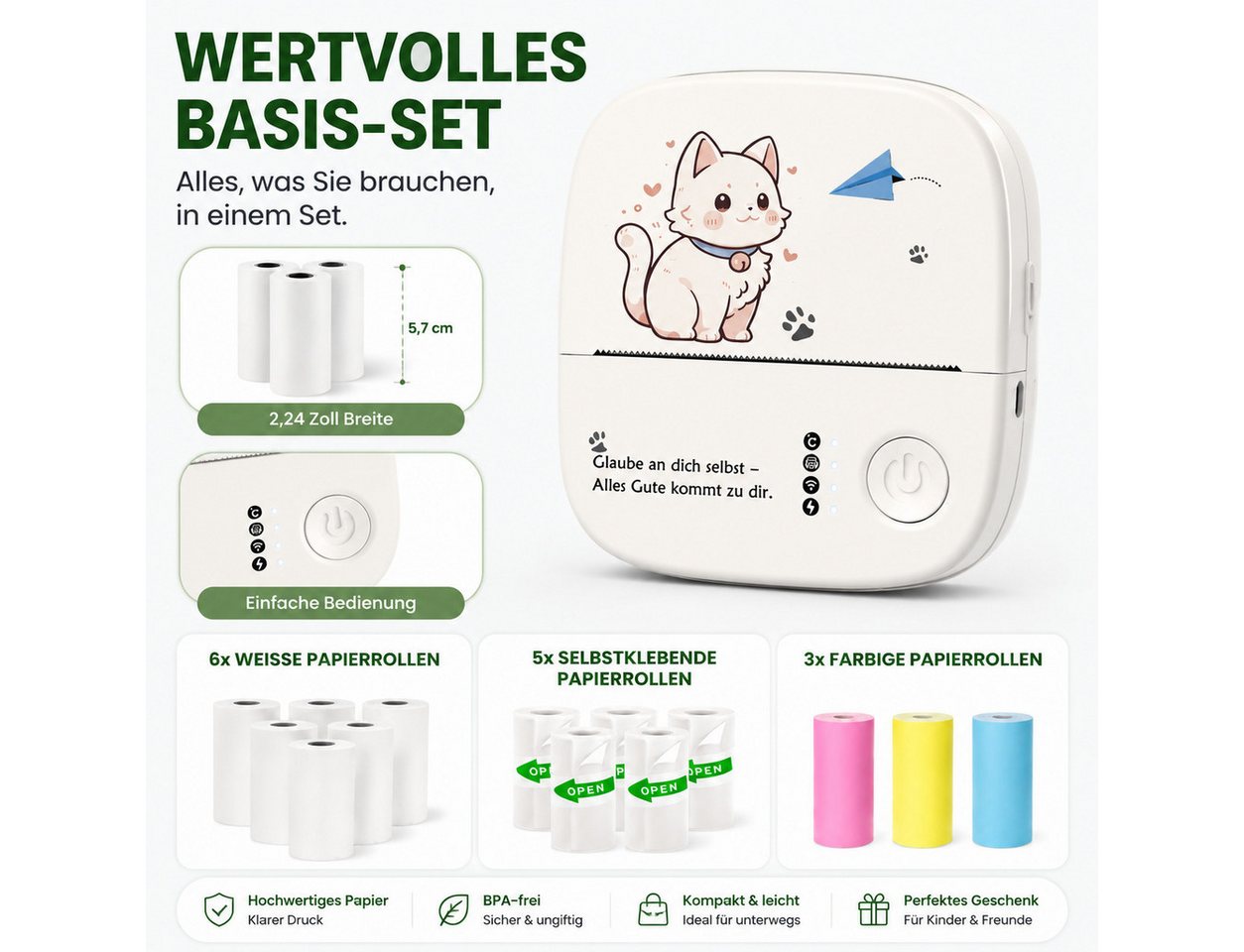 Fyrove Mini Thermodrucker mit Bluetooth fürs Smartphone Etikettendrucker, (Fotodrucker für Sticker, Notizen, Listen und Lernmaterial, 14 Papierrollen, App-Vorla – Bild 3 von 5