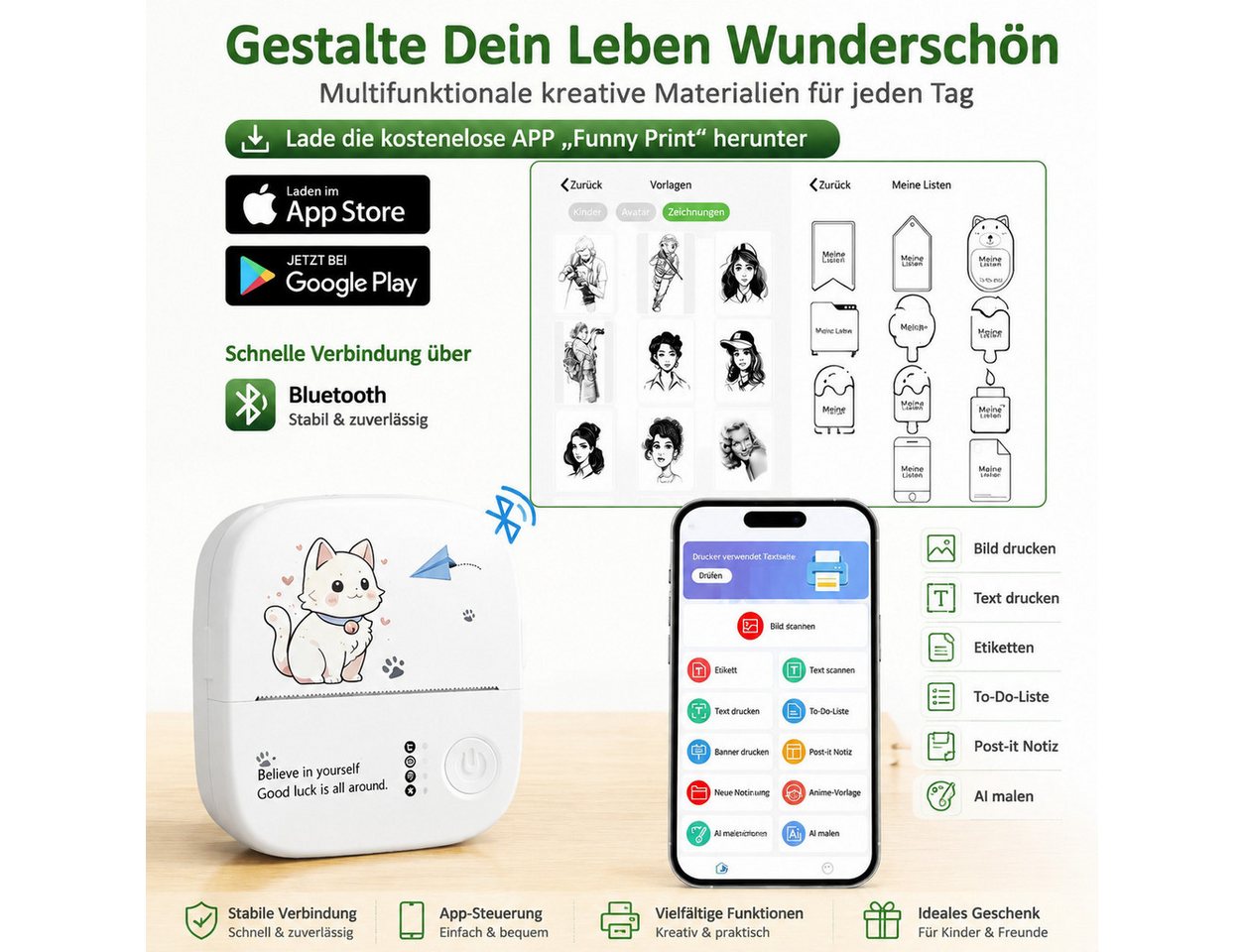 Fyrove Mini Thermodrucker mit Bluetooth fürs Smartphone Etikettendrucker, (Fotodrucker für Sticker, Notizen, Listen und Lernmaterial, 14 Papierrollen, App-Vorla – Bild 4 von 5