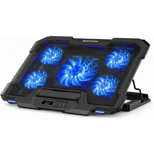 Fyrove Notebook-Kühler Gaming Laptop Kühler mit 5 Lüftern, LCD-Anzeige, 6 Geschwindigkeitsstufen, Kühlpad für 12–17,3 Zoll, höhenverstellbar