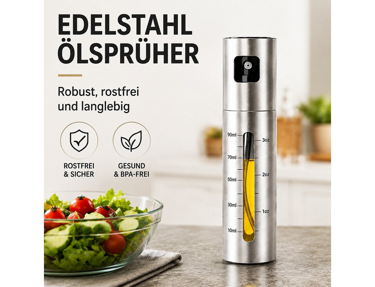Fyrove Ölspender Küchensprüher, Essigsprüher für Kochen und Grillen, (2-tlg., Sprühspender, Gewürzsprayer für Salat, Backen und Heißluftfritteuse), 2 × 100 ml,  – Bild 3 von 5