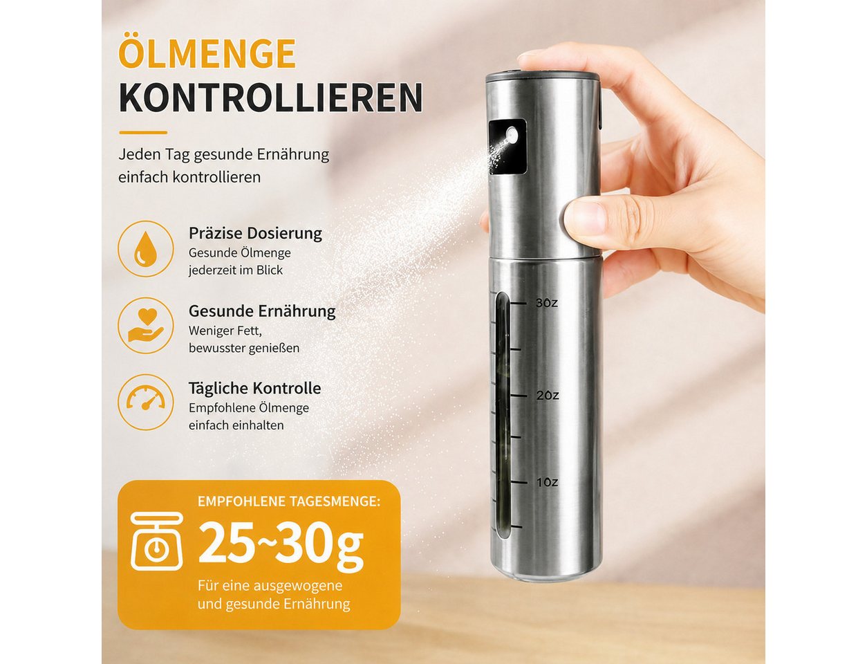 Fyrove Ölspender Küchensprüher, Essigsprüher für Kochen und Grillen, (2-tlg., Sprühspender, Gewürzsprayer für Salat, Backen und Heißluftfritteuse), 2 × 100 ml,  – Bild 4 von 5