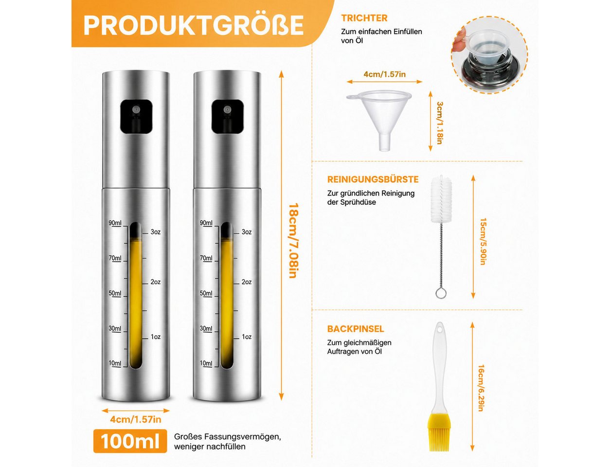Fyrove Ölspender Küchensprüher, Essigsprüher für Kochen und Grillen, (2-tlg., Sprühspender, Gewürzsprayer für Salat, Backen und Heißluftfritteuse), 2 × 100 ml,  – Bild 5 von 5
