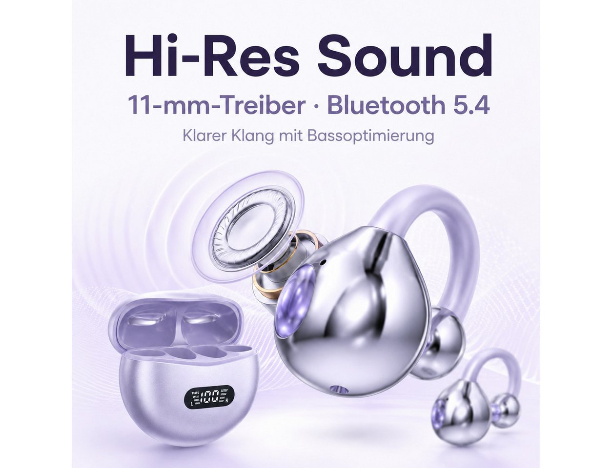 Fyrove Ohrclip Kopfhörer Bluetooth 5.4, 60 Std. Laufzeit & LED-Anzeige Open-Ear-Kopfhörer (ja, Sport Kopfhörer IPX5, USB-C Ladecase für Training, Büro & Alltag) – Bild 2 von 5