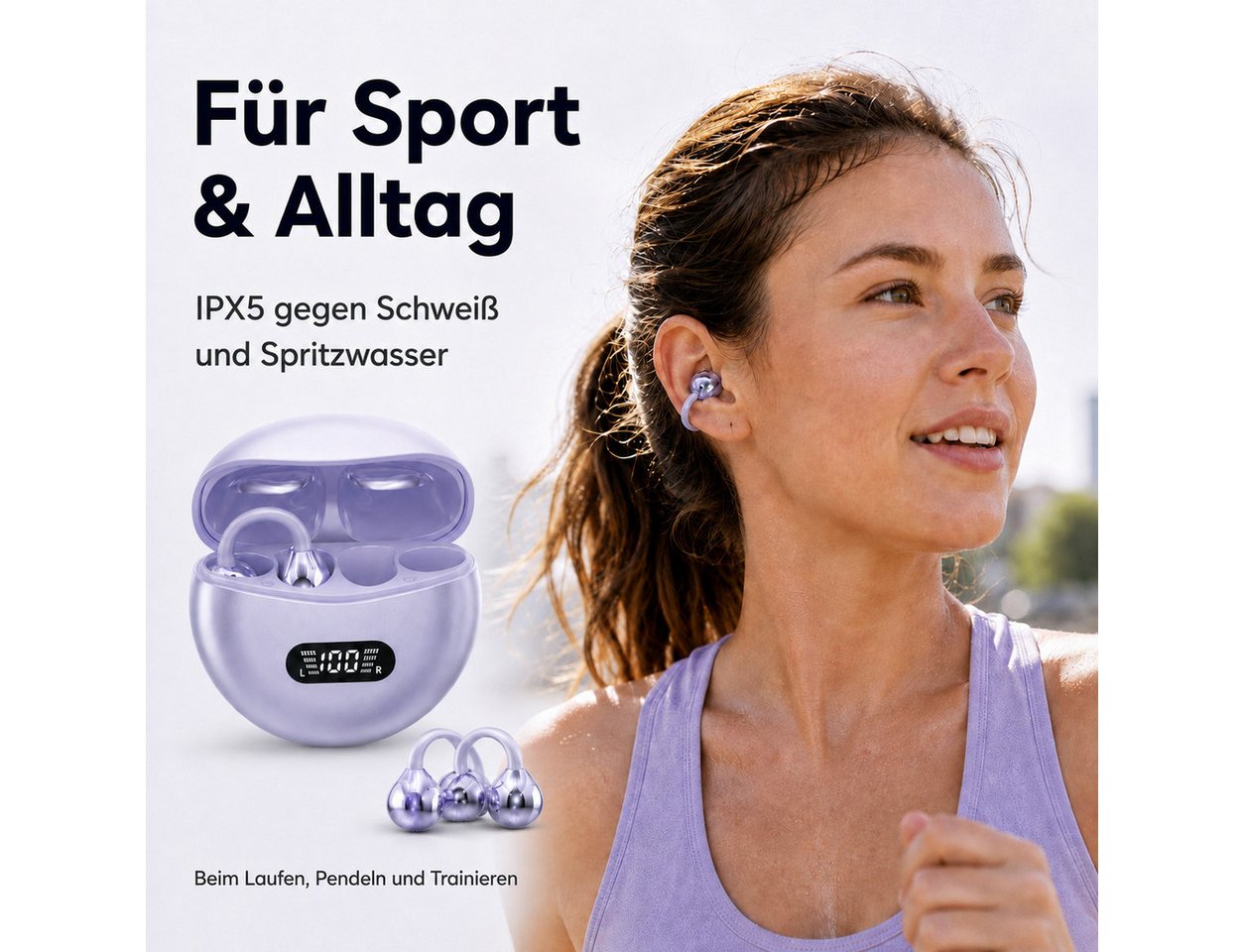 Fyrove Ohrclip Kopfhörer Bluetooth 5.4, 60 Std. Laufzeit & LED-Anzeige Open-Ear-Kopfhörer (ja, Sport Kopfhörer IPX5, USB-C Ladecase für Training, Büro & Alltag) – Bild 3 von 5