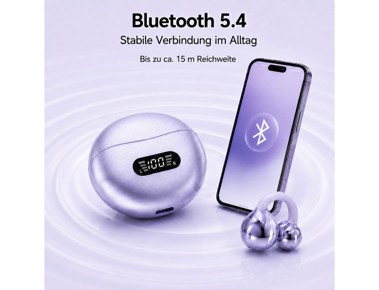 Fyrove Ohrclip Kopfhörer Bluetooth 5.4, 60 Std. Laufzeit & LED-Anzeige Open-Ear-Kopfhörer (ja, Sport Kopfhörer IPX5, USB-C Ladecase für Training, Büro & Alltag) – Bild 5 von 5