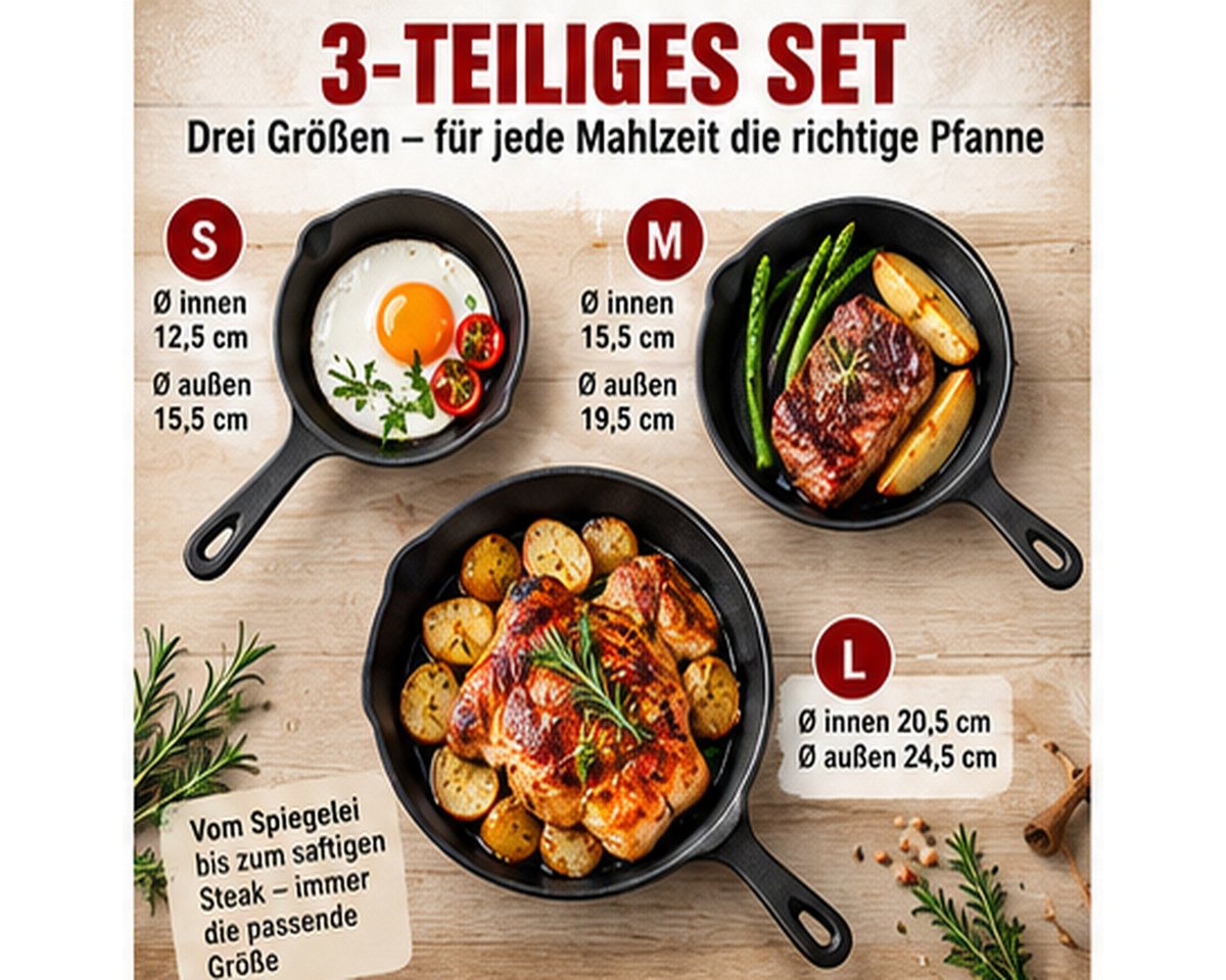 Fyrove Pfannen-Set die Pfanne, Gusseisen Pfanne Set, 3 teilig Pfanne Set, Pfanne mit Ausguss, Gusseisen (Set, 3-teiliges Set), Gleichmäßige Wärmeverteilung, Her – Bild 2 von 5