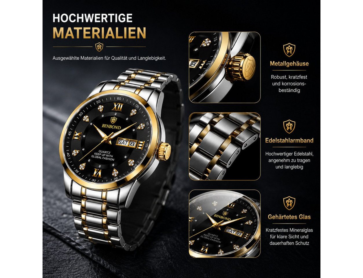 Fyrove Quarzuhr Chronograph, Herren-Armbanduhr, Multifunktionsuhr, (Businessuhr mit Datum, Wochentag und Leuchtzeigern, Edelstahlarmband), Chronograph, Datum, W – Bild 2 von 5