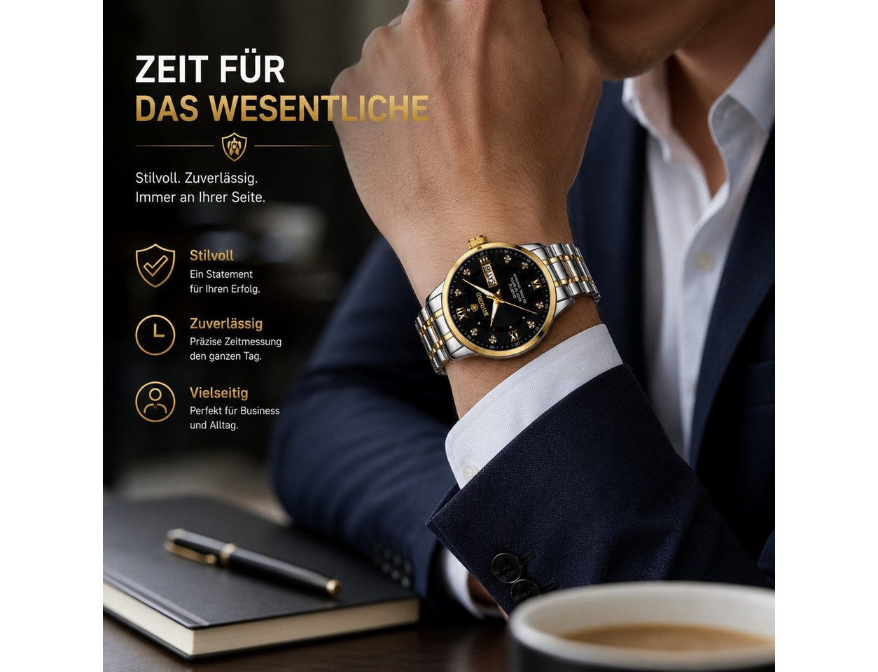 Fyrove Quarzuhr Chronograph, Herren-Armbanduhr, Multifunktionsuhr, (Businessuhr mit Datum, Wochentag und Leuchtzeigern, Edelstahlarmband), Chronograph, Datum, W – Bild 3 von 5