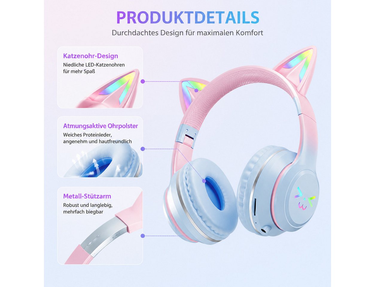 Fyrove RGB-LED-Leuchten,Bluetooth 5.3,HiFi Sound, Kinder Kopfhörer Over-Ear-Kopfhörer (kompatibel mit Tablet/Computer/Telefon, Katzenohr‑Headset für Mädchen, mi – Bild 3 von 5
