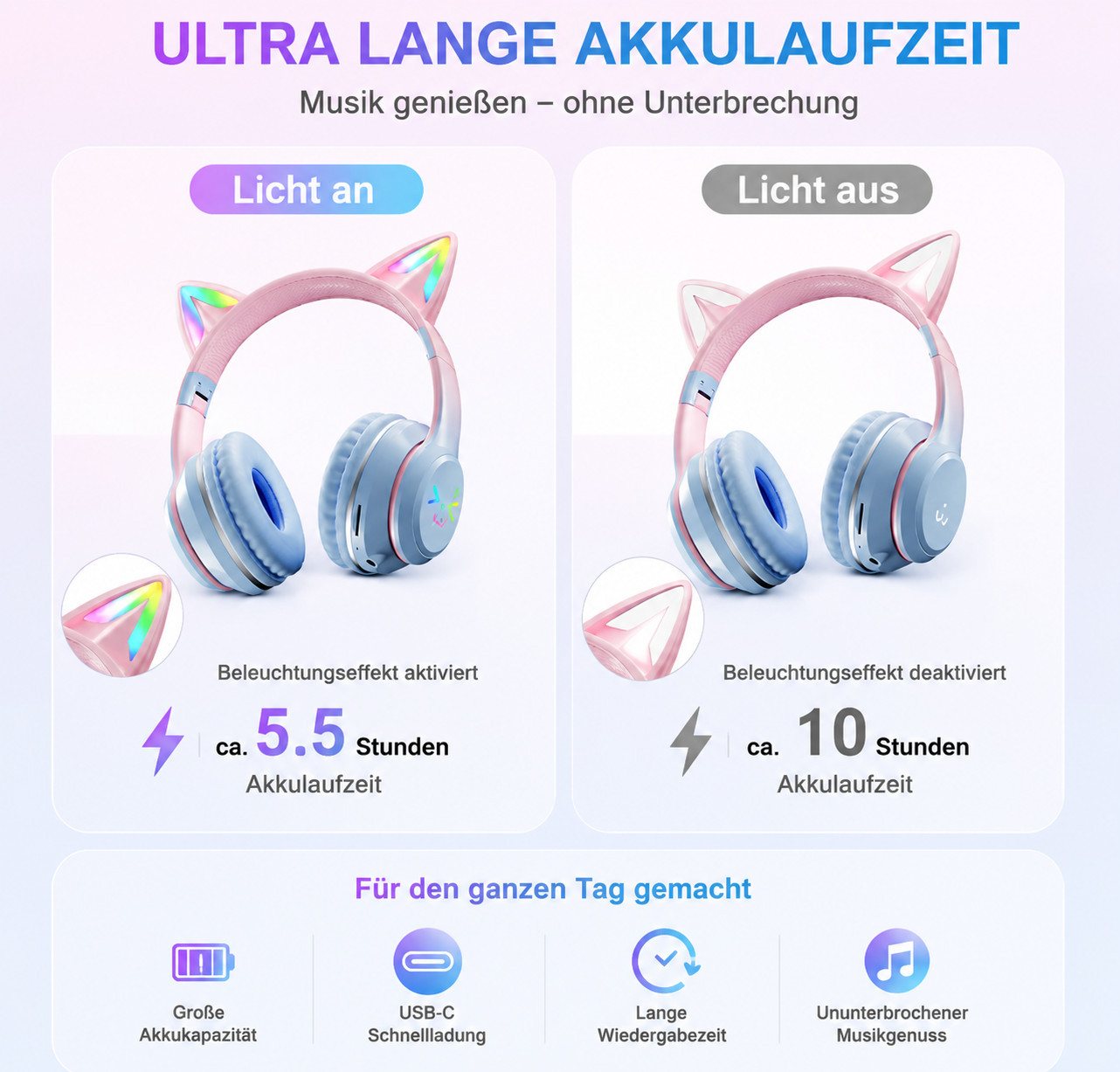 Fyrove RGB-LED-Leuchten,Bluetooth 5.3,HiFi Sound, Kinder Kopfhörer Over-Ear-Kopfhörer (kompatibel mit Tablet/Computer/Telefon, Katzenohr‑Headset für Mädchen, mi – Bild 4 von 5